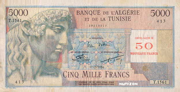 50 NF/5,000 francs type 1959 "Apollon" | Algeria - The banknote Numizon ...