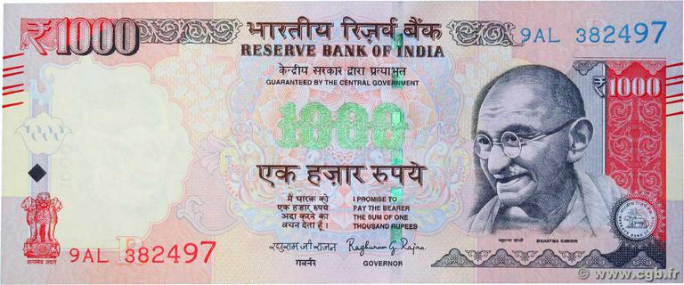 India 1000 rupees type 2011 | India - The banknote Numizon catalog